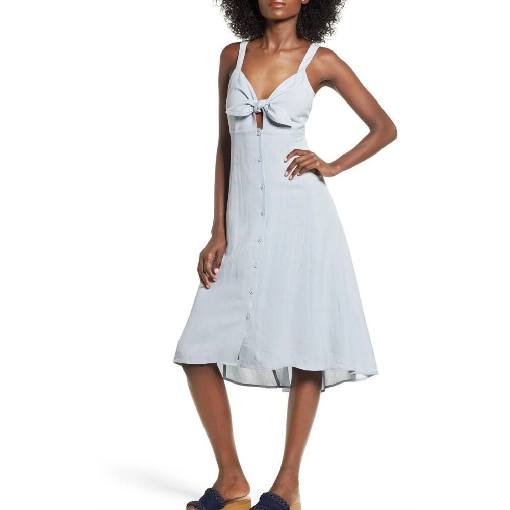 ASTR The Label Linen Tie Front Midi Dress | Blue in Small
